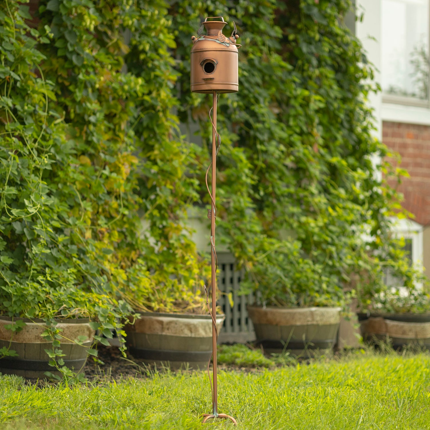 63" Tall Antique Copper Milk Can Birdhouse Garden Stake