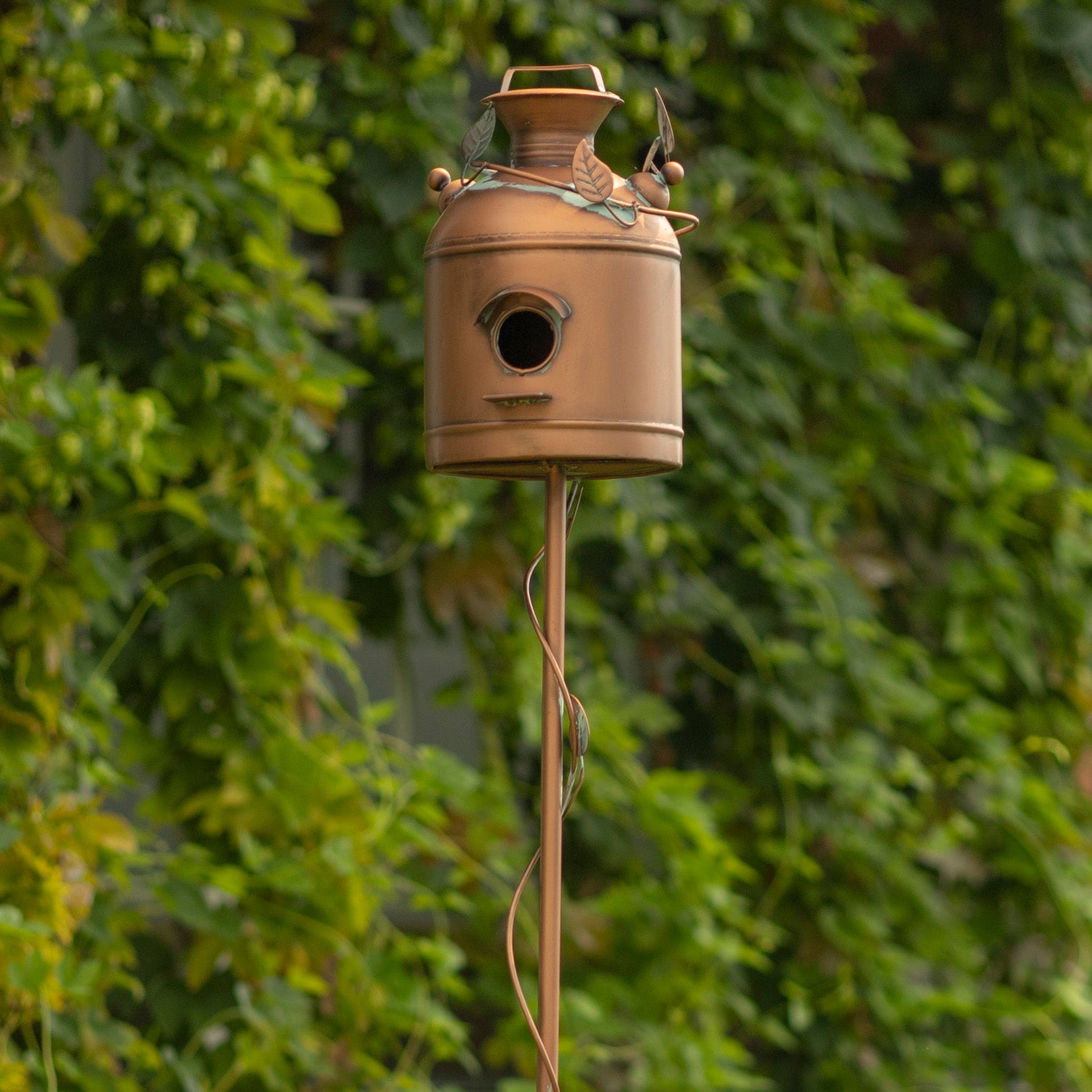 63" Tall Antique Copper Milk Can Birdhouse Garden Stake