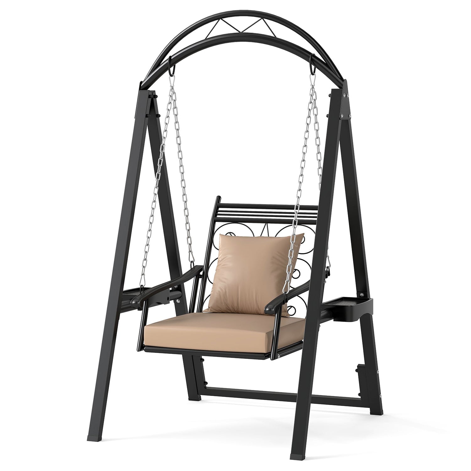 Black metal swing with beige cushion on a white background