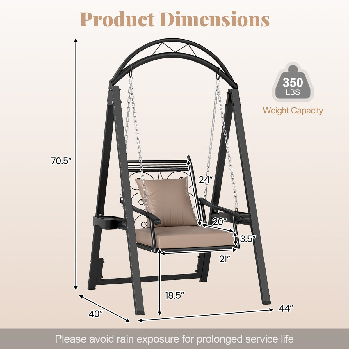 Outdoor swing chair with dimensions and weight capacity on a beige background