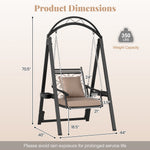 Outdoor swing chair with dimensions and weight capacity on a beige background