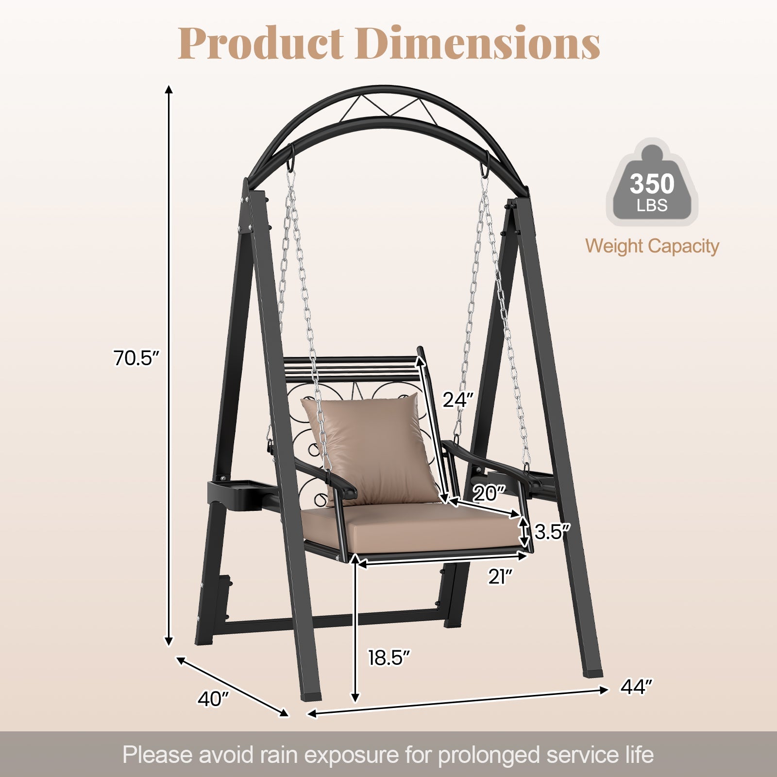Outdoor swing chair with dimensions and weight capacity on a beige background
