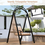 Outdoor swing with a sturdy triangular structure on a wooden deck.
