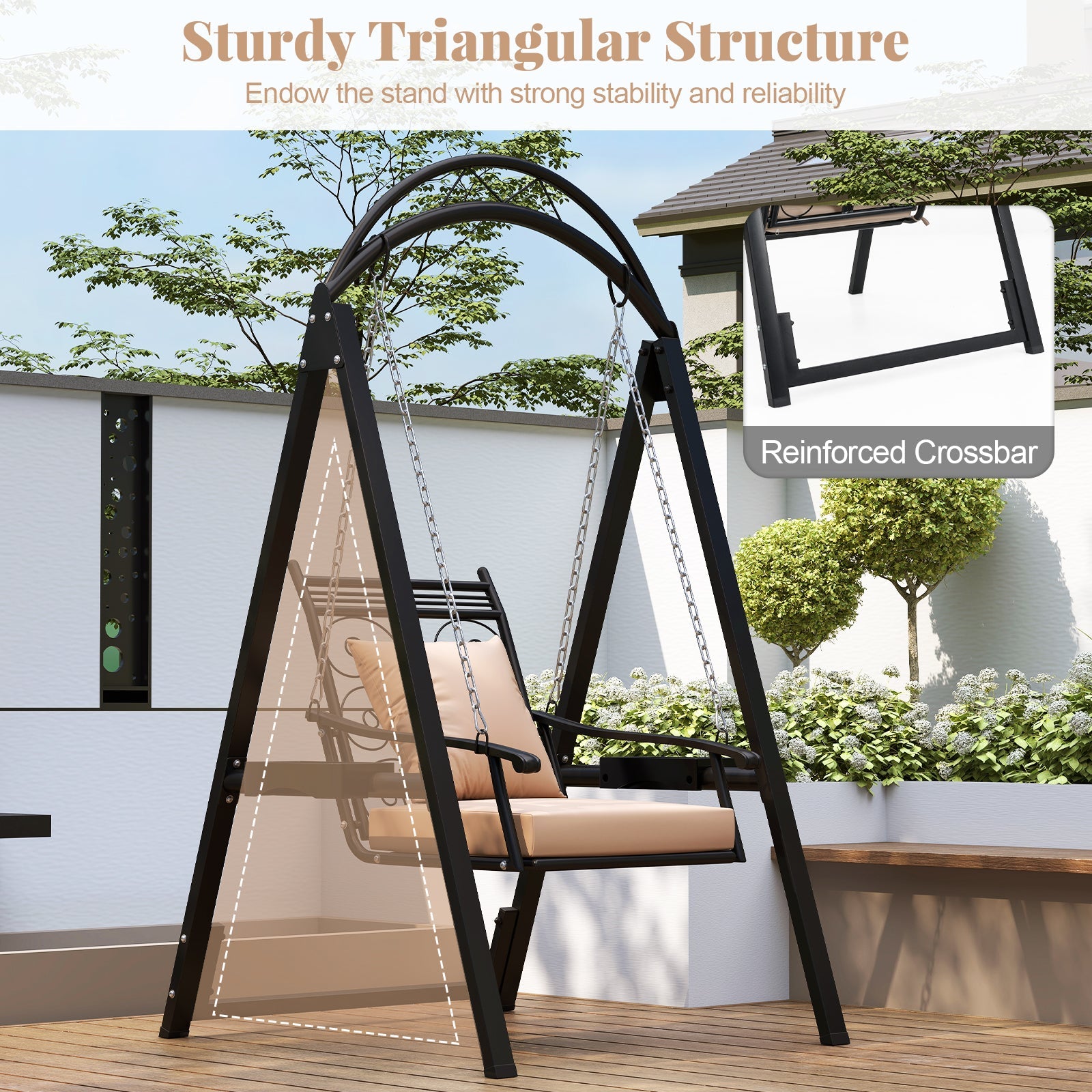Outdoor swing with a sturdy triangular structure on a wooden deck.