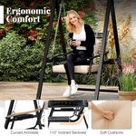 Woman sitting on a garden swing with text highlighting ergonomic comfort features.