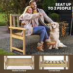 Couple sitting on a wooden bench with a dog, surrounded by outdoor elements.