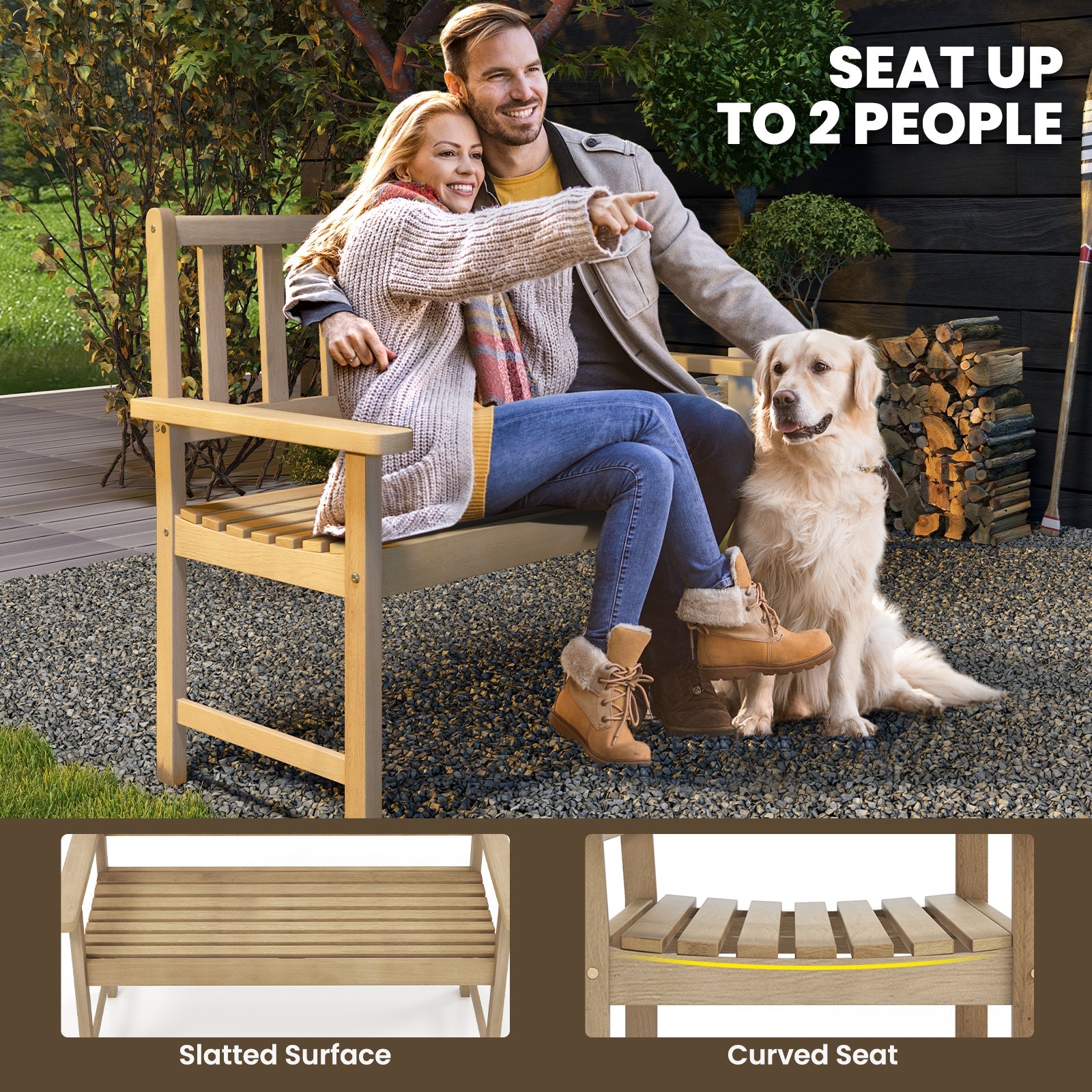 Couple sitting on a wooden bench with a dog, surrounded by outdoor elements.