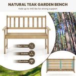 Natural teak garden bench with support text and features on a white background