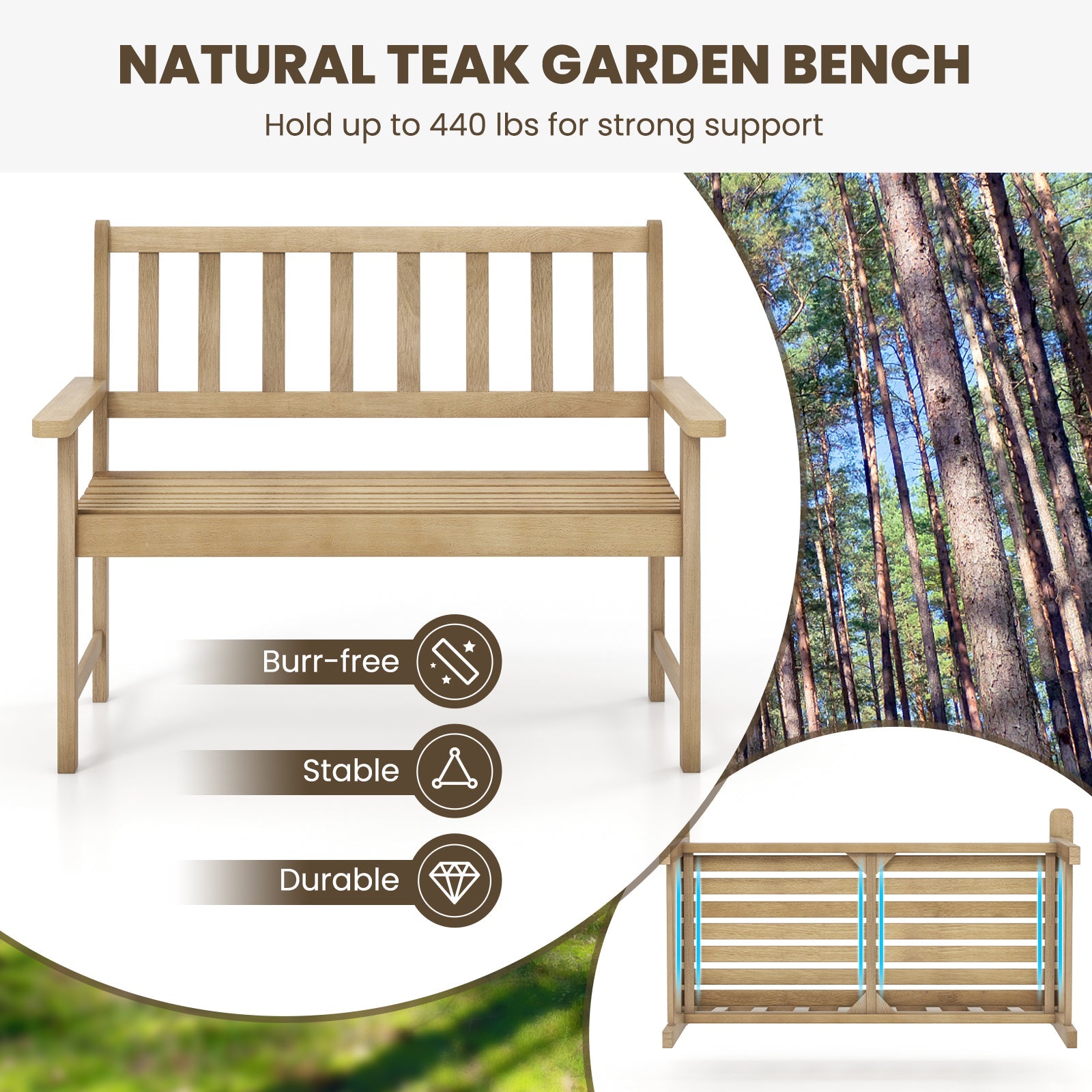 Natural teak garden bench with support text and features on a white background