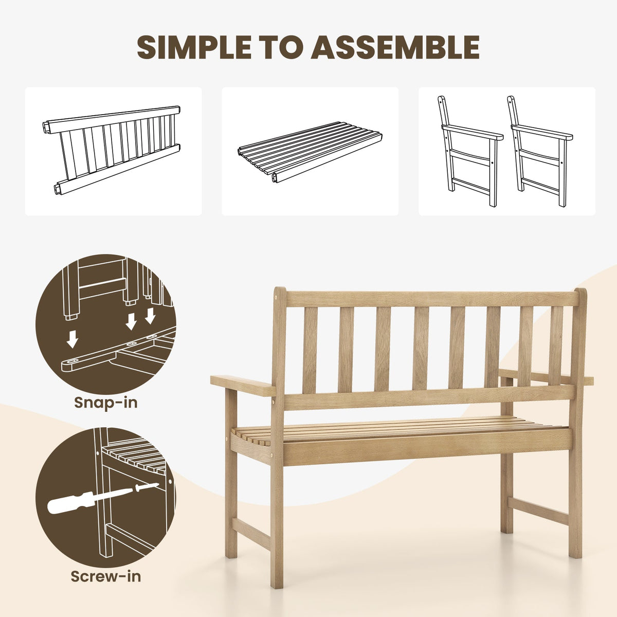 Wooden bench with assembly instructions on a white background