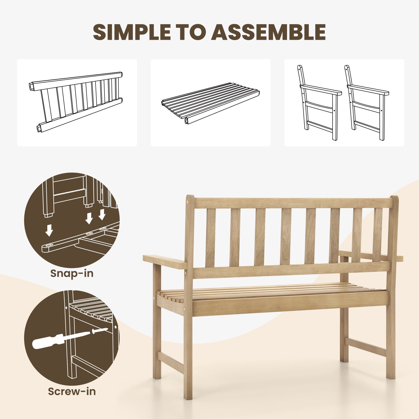 Wooden bench with assembly instructions on a white background