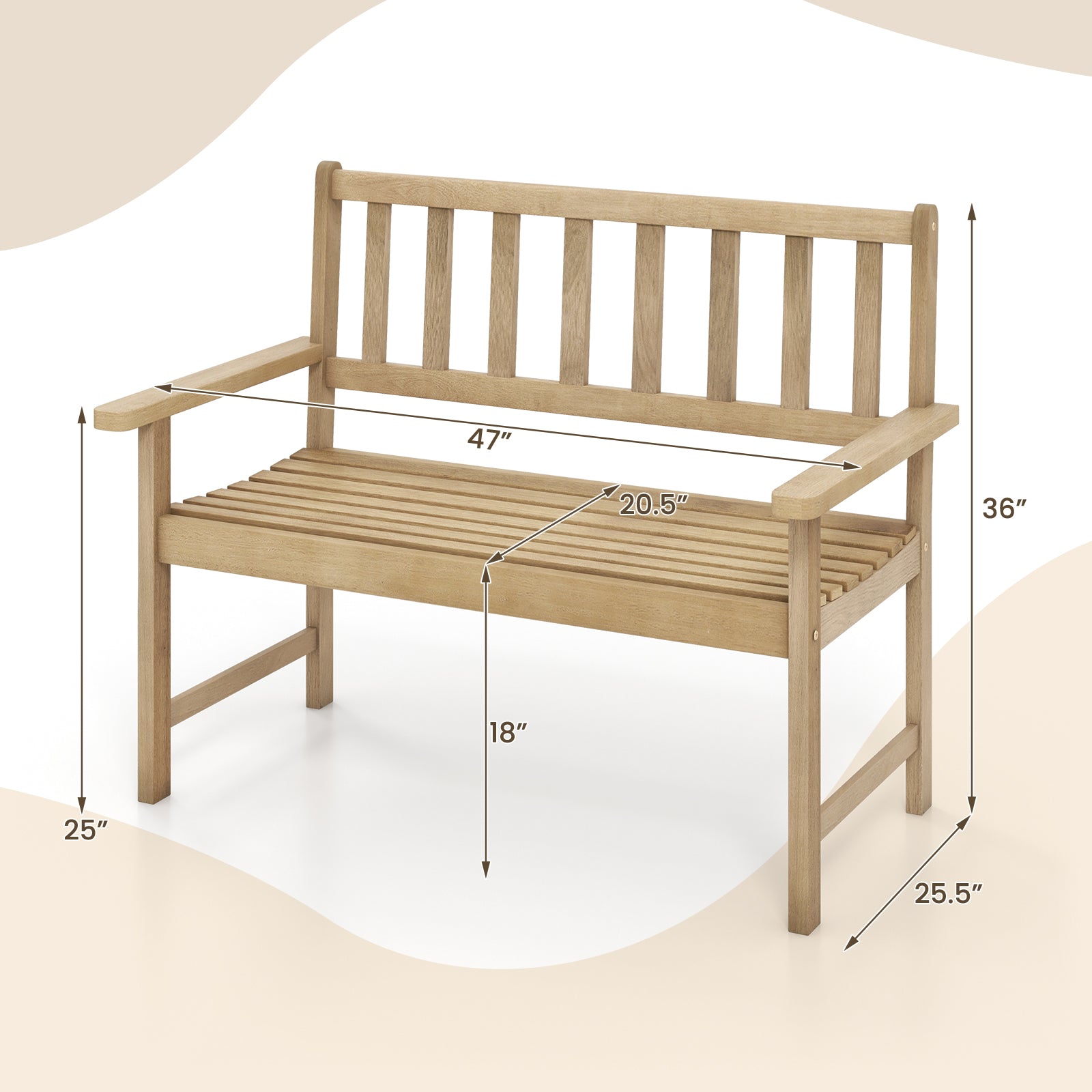 Wooden bench with dimensions marked on a white background