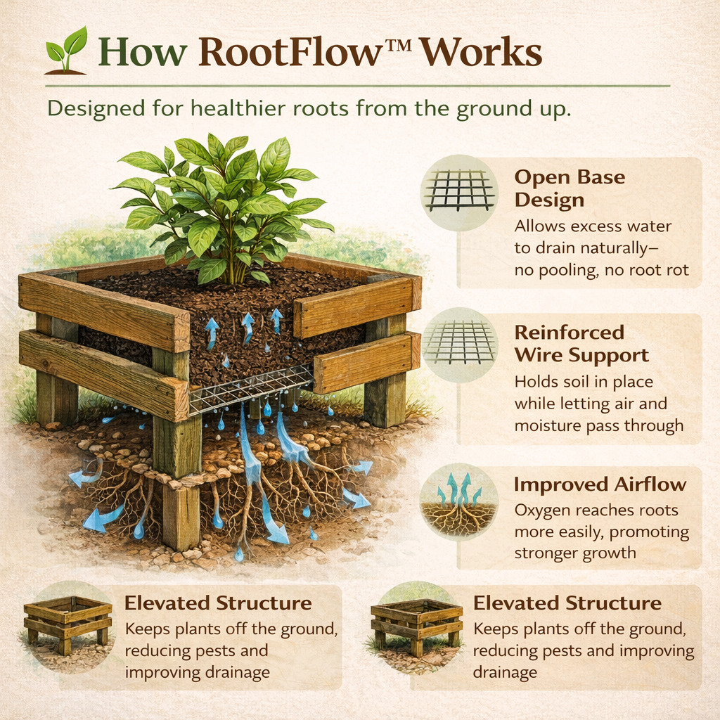 Diagram explaining how RootFlow works with a plant in a raised garden bed.