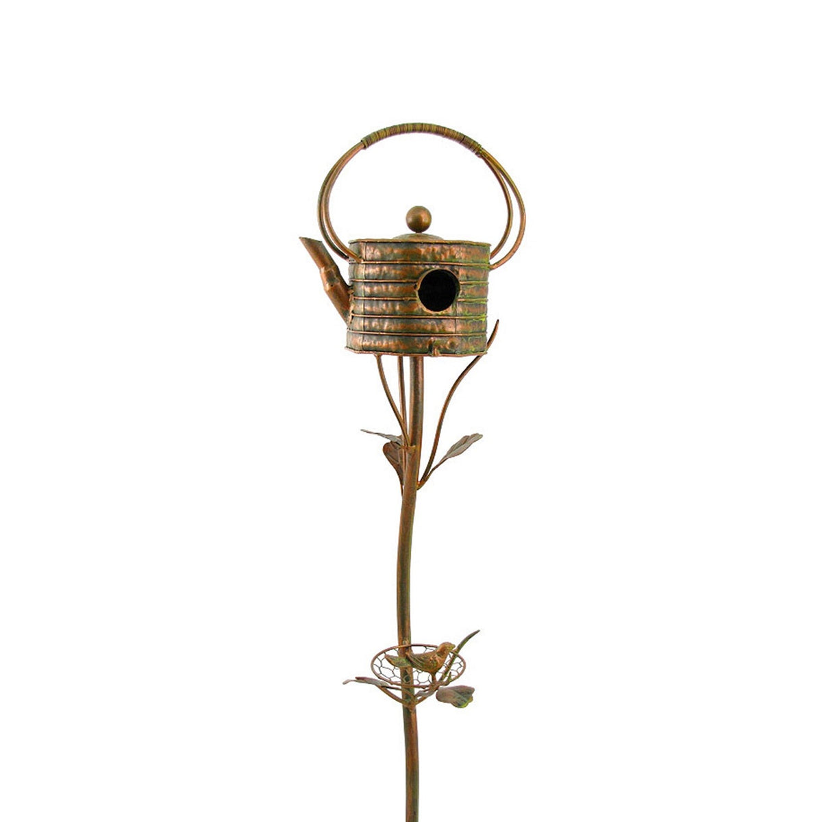 Decorative metal birdhouse shaped like a teapot on a white background