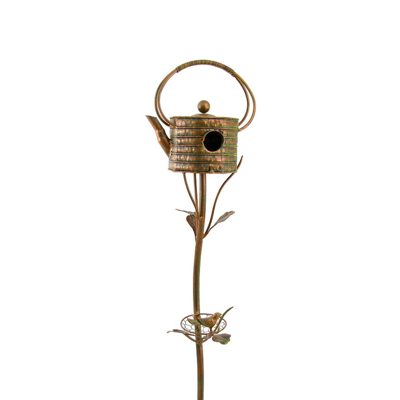Decorative metal birdhouse shaped like a teapot on a white background