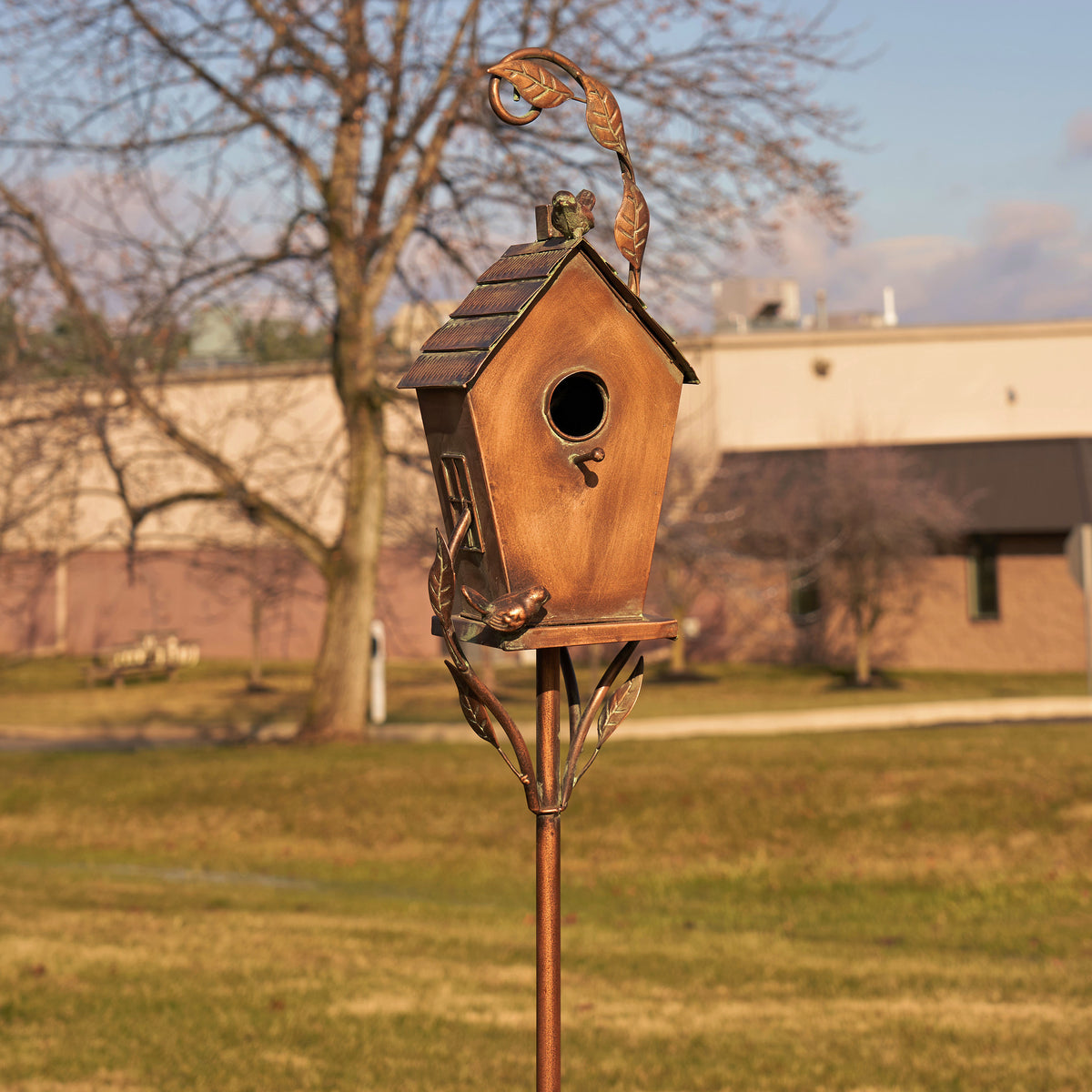 Wooden birdhouse on a metal stand in an outdoor setting with trees and buildings in the background.