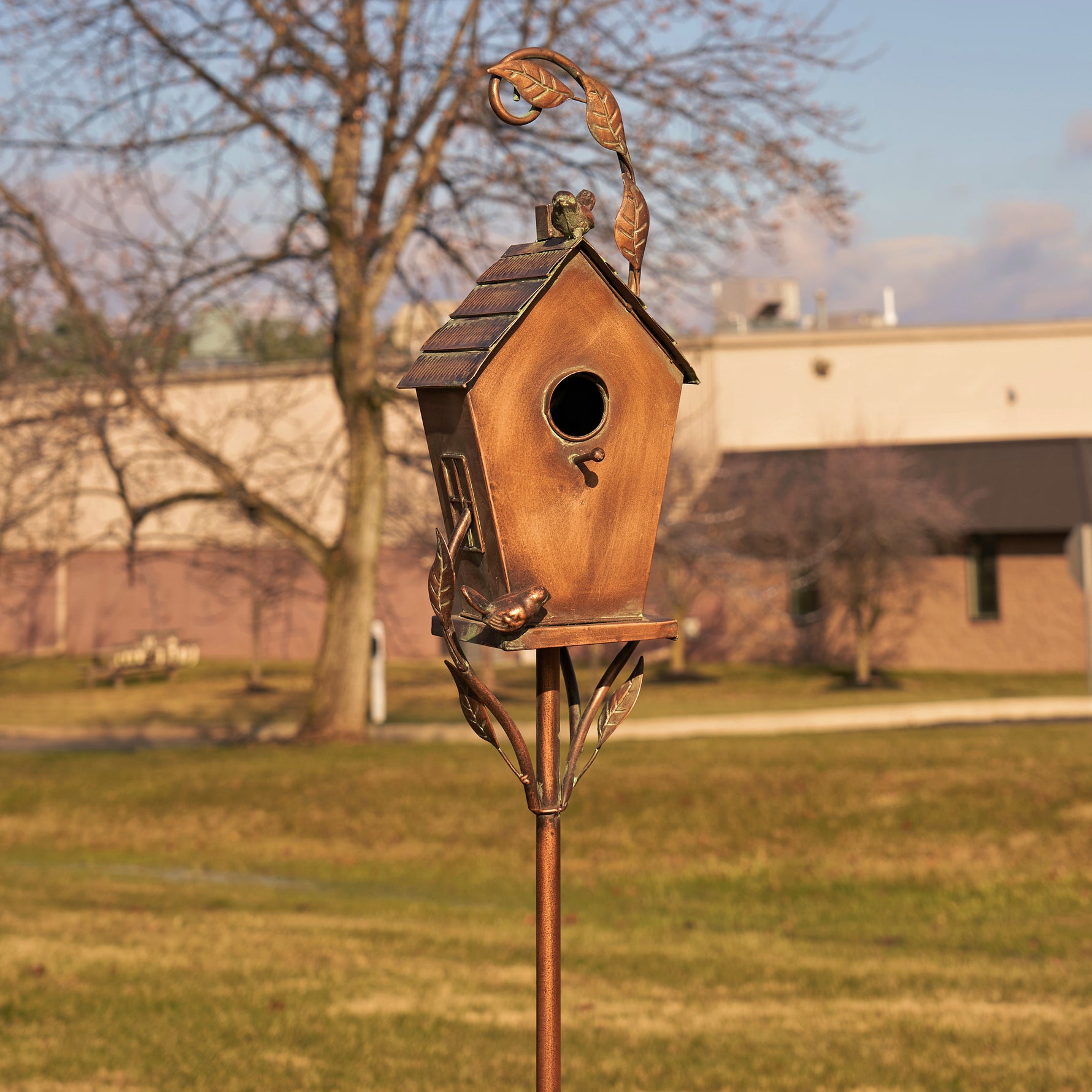 Wooden birdhouse on a metal stand in an outdoor setting with trees and buildings in the background.