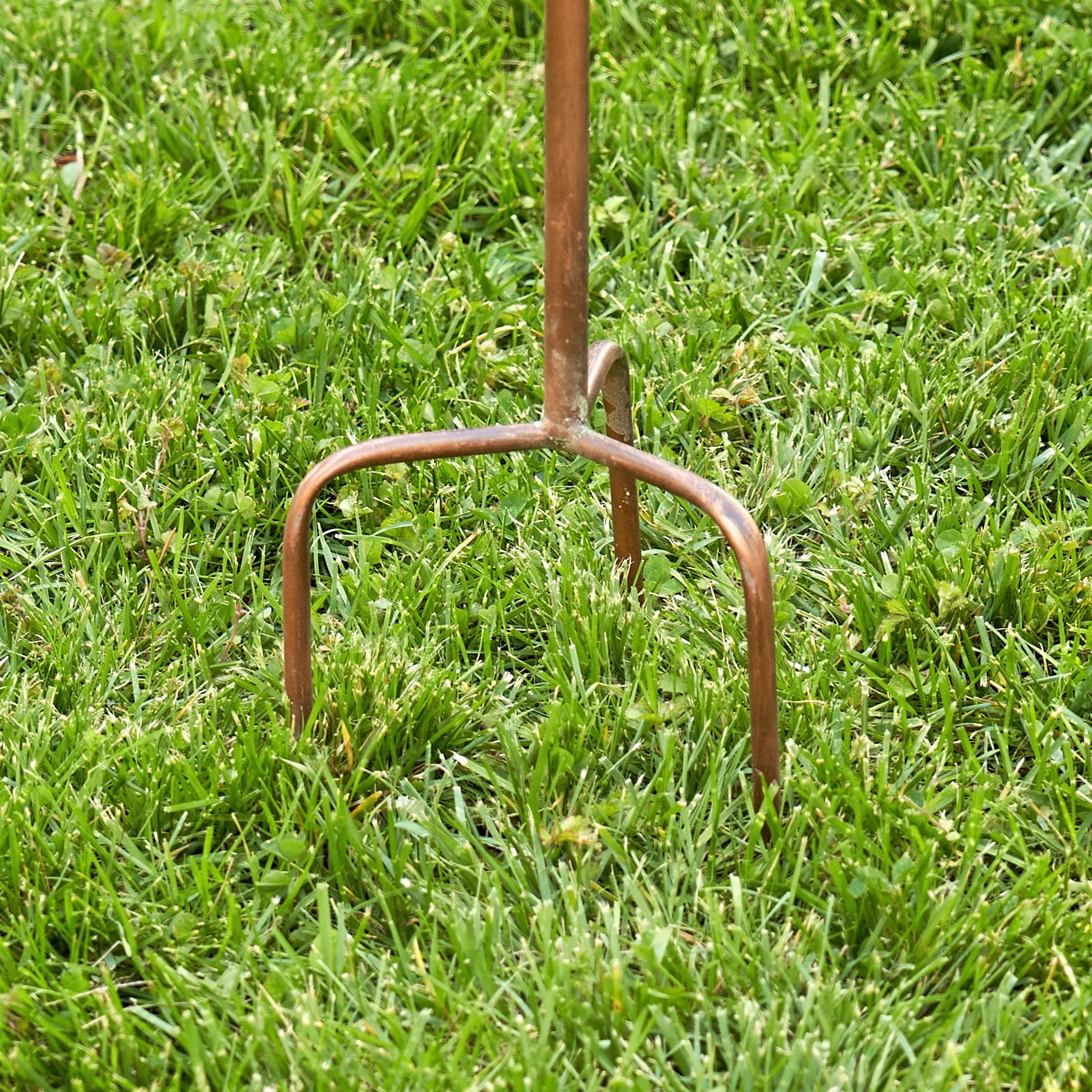 Rust-colored garden fork on green grass