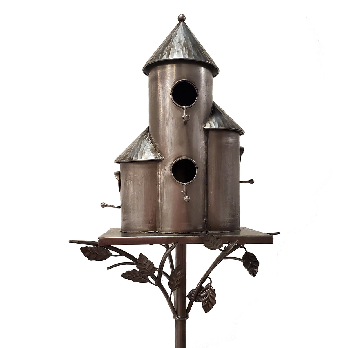 Decorative metal birdhouse with multiple cylindrical sections on a white background