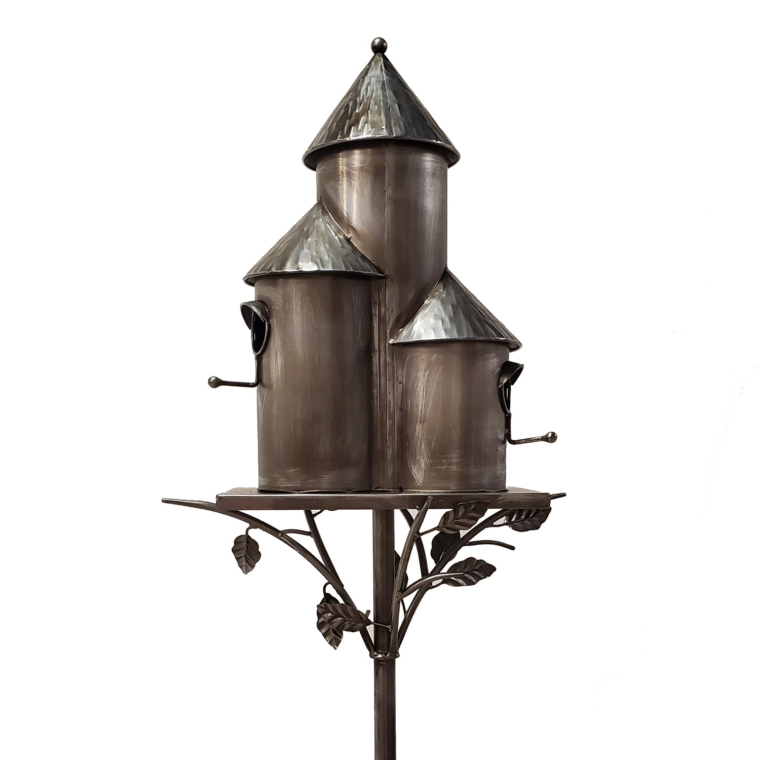 Decorative metal birdhouse with multiple compartments on a white background