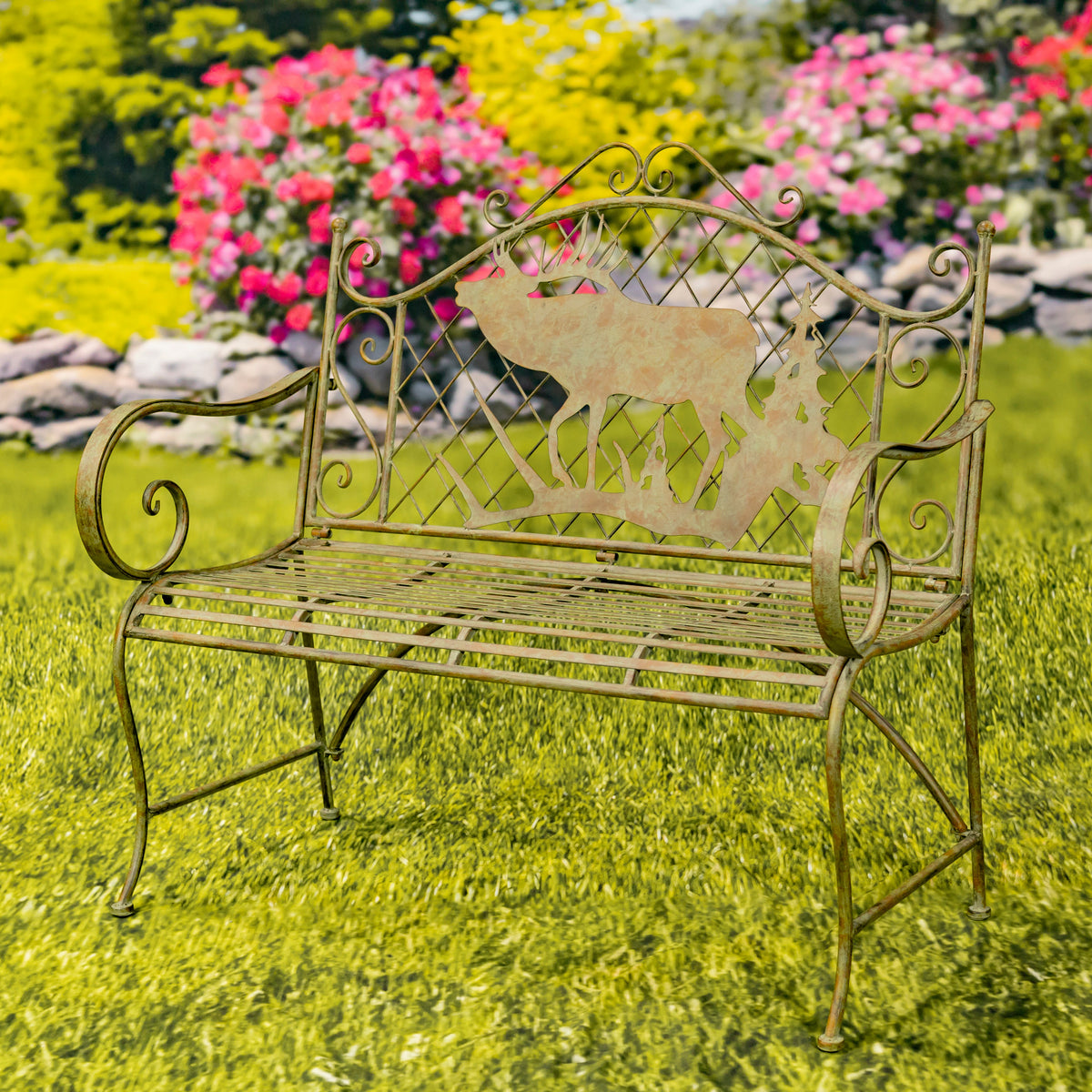 Decorative garden bench with a deer design in a lush garden setting