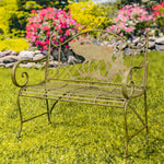 Decorative garden bench with a deer design in a lush garden setting