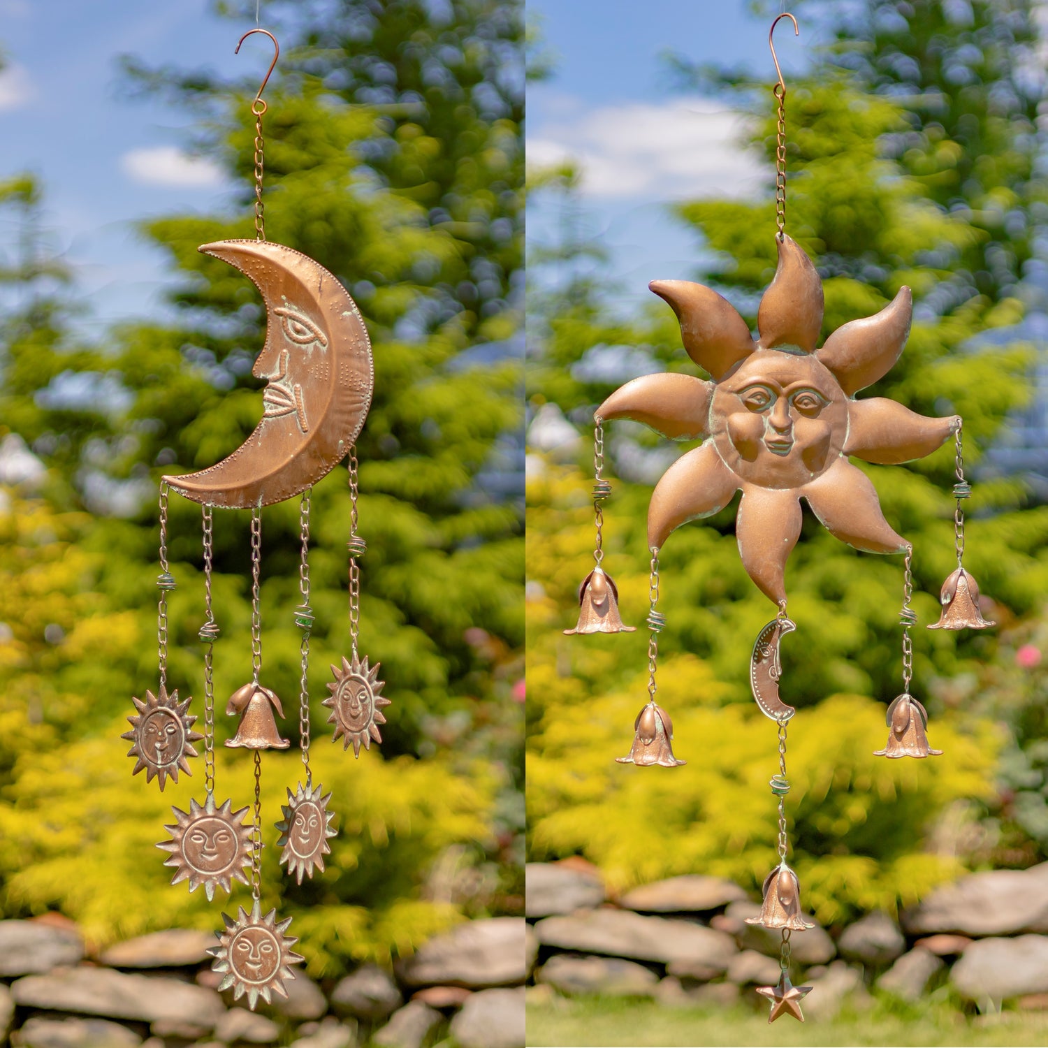 Sun and moon-shaped wind chimes with bell accents against a natural background.