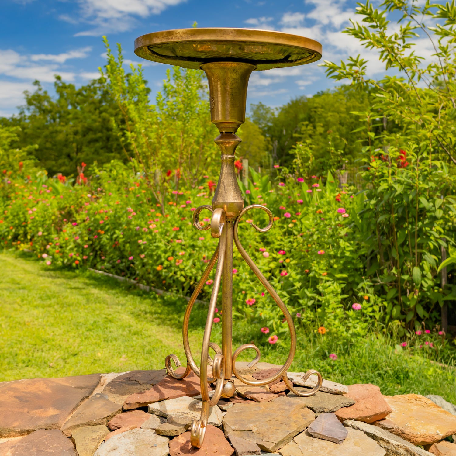 29.5" Tall Dark Gold Round Metal Plant Stand & Bird Feeder
