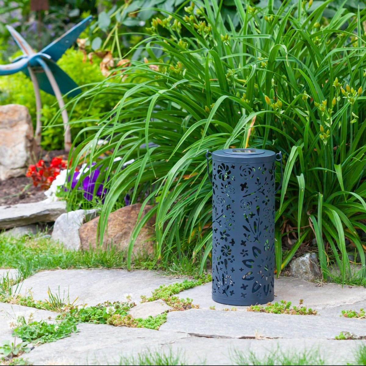 Bloom Punched Metal Solar Lantern – Midnight Blue - Napa Valley Wildflower Co.