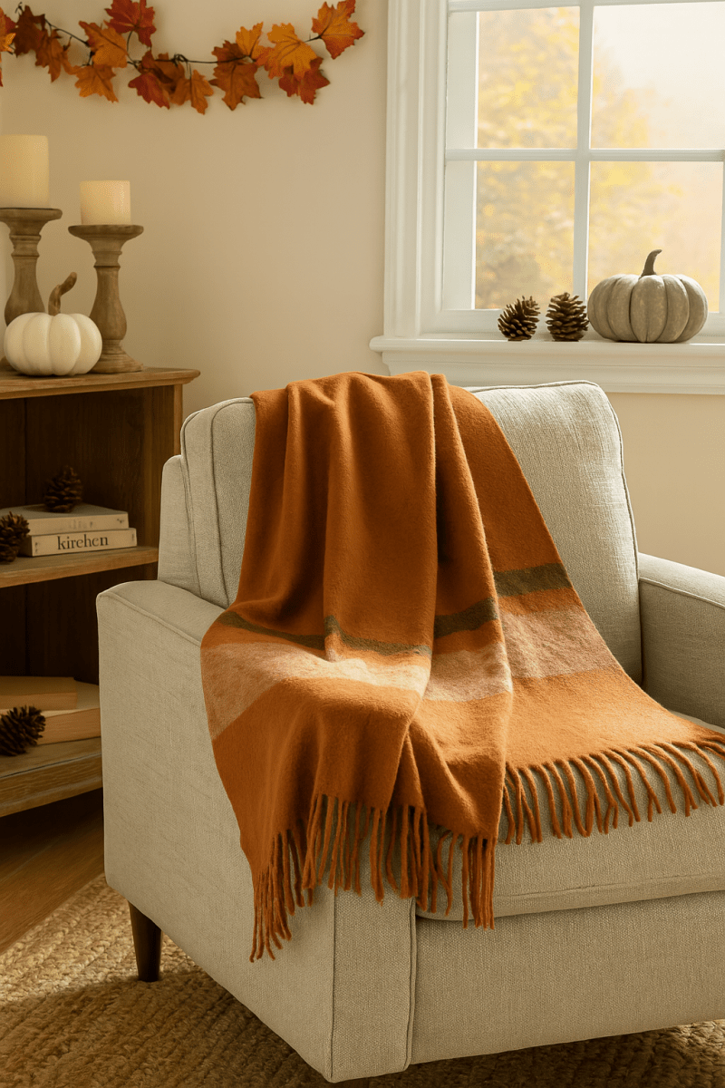 Brushed Orange Acrylic & New Zealand Wool Throw Blanket with Stripes & Fringe - Napa Valley Wildflower Co.
