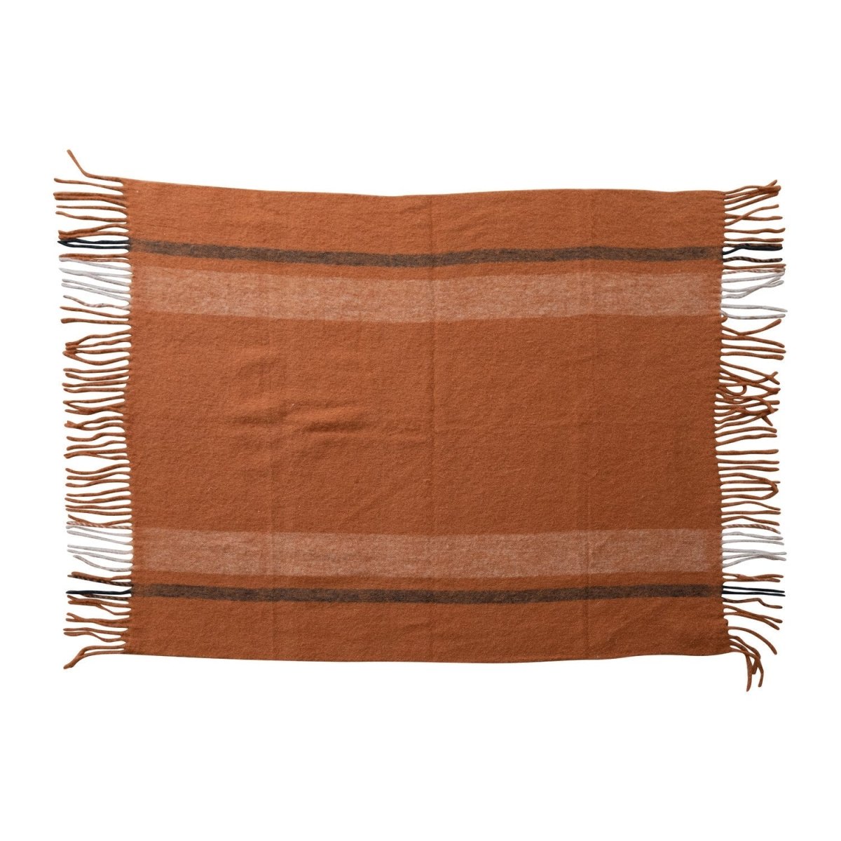 Brushed Orange Acrylic & New Zealand Wool Throw Blanket with Stripes & Fringe - Napa Valley Wildflower Co.