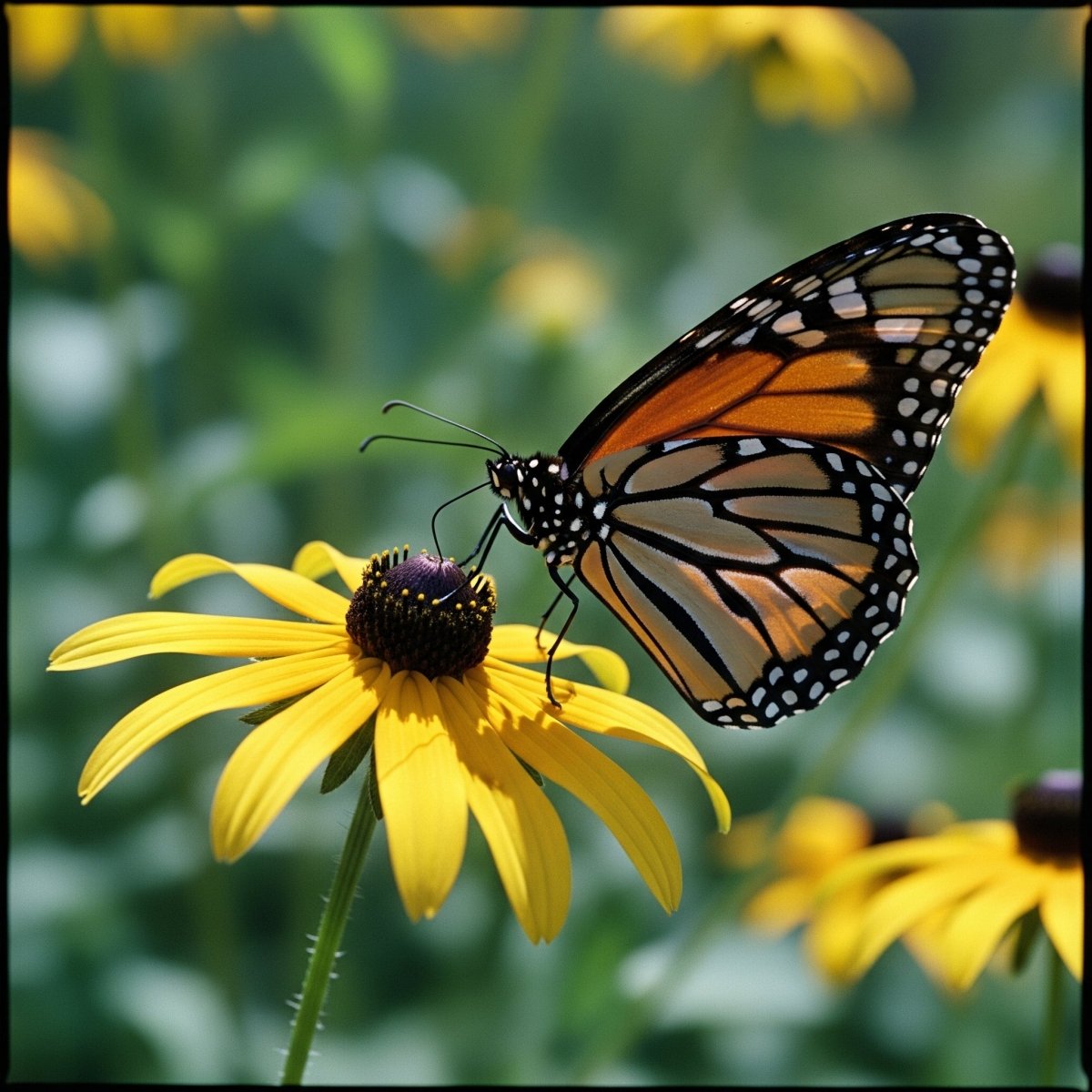 Butterfly Wildflower Seed Blend - A Monarch Butterfly pollinating a  Rudbeckia Hirta / Black Eye Susan flower bloom.