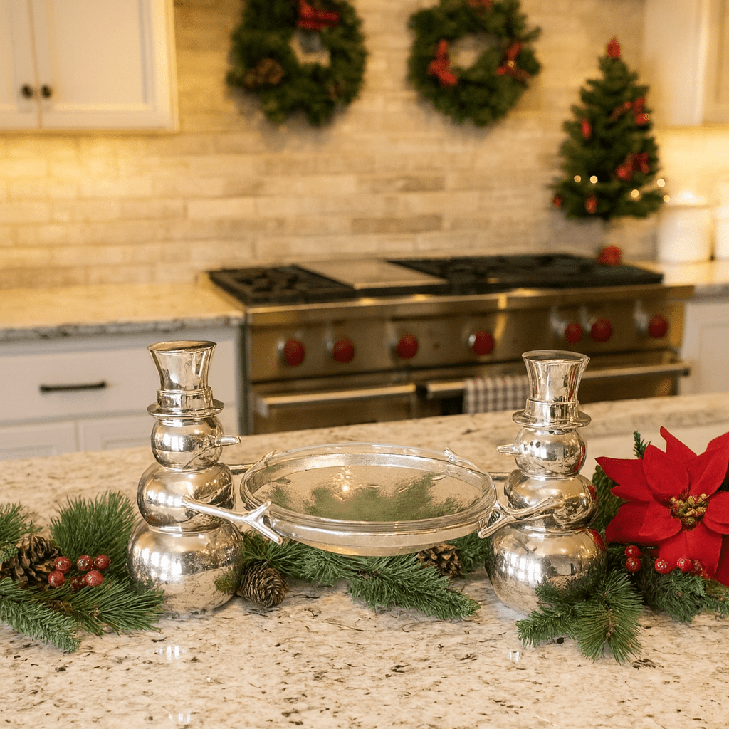 Cast Aluminum Snowmen Centerpiece with Hammered Glass Bowl - Napa Valley Wildflower Co.