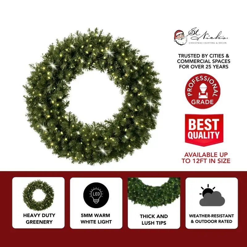 Commercial Grade Pre - Lit Green Wreath – Warm White 5mm Lights - Napa Valley Wildflower Co.