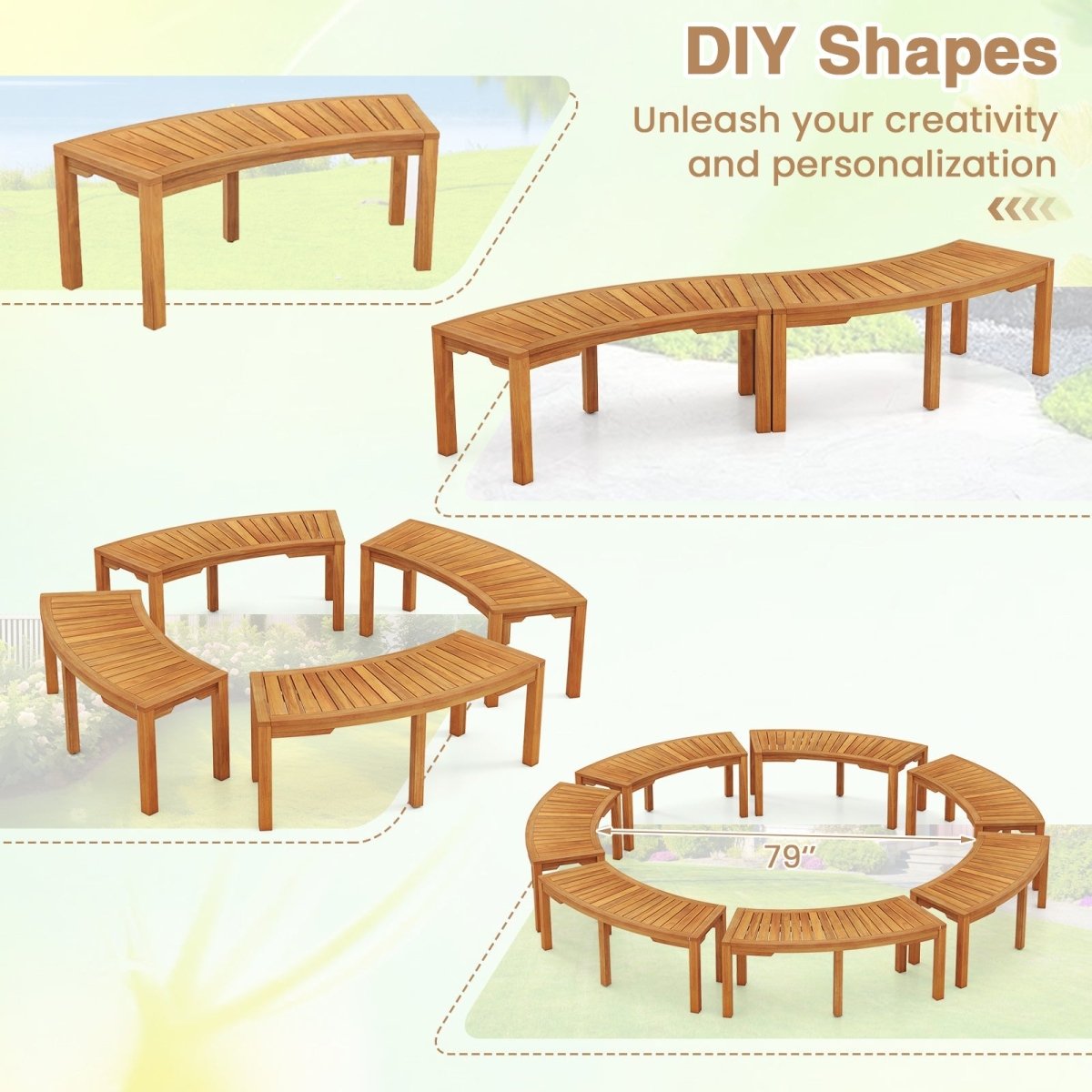 Curved Acacia Wood Outdoor Bench – 2 - Person Garden Bench (Modular Design) - Napa Valley Wildflower Co.