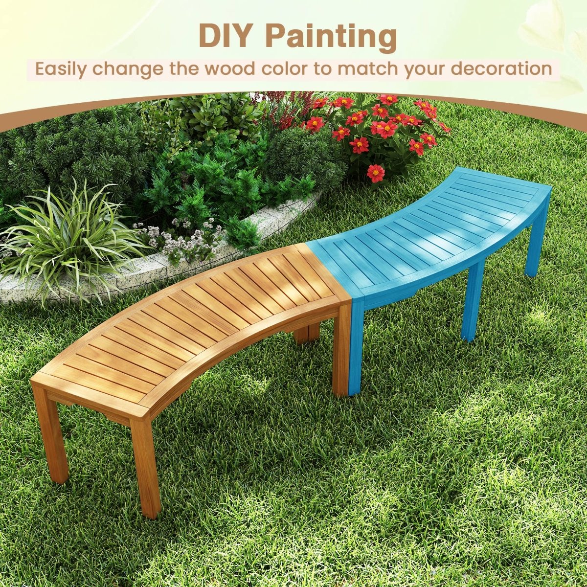 Curved Acacia Wood Outdoor Bench – 2 - Person Garden Bench (Modular Design) - Napa Valley Wildflower Co.