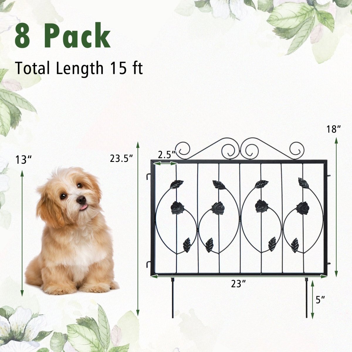 Decorative Garden Fence – 8 Panel Metal Animal Barrier Border (15 Ft, Black) - Napa Valley Wildflower Co.