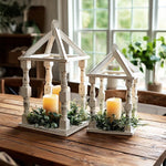 Distressed White Turned Wooden Open Lanterns, Set of Two - Napa Valley Wildflower Co.