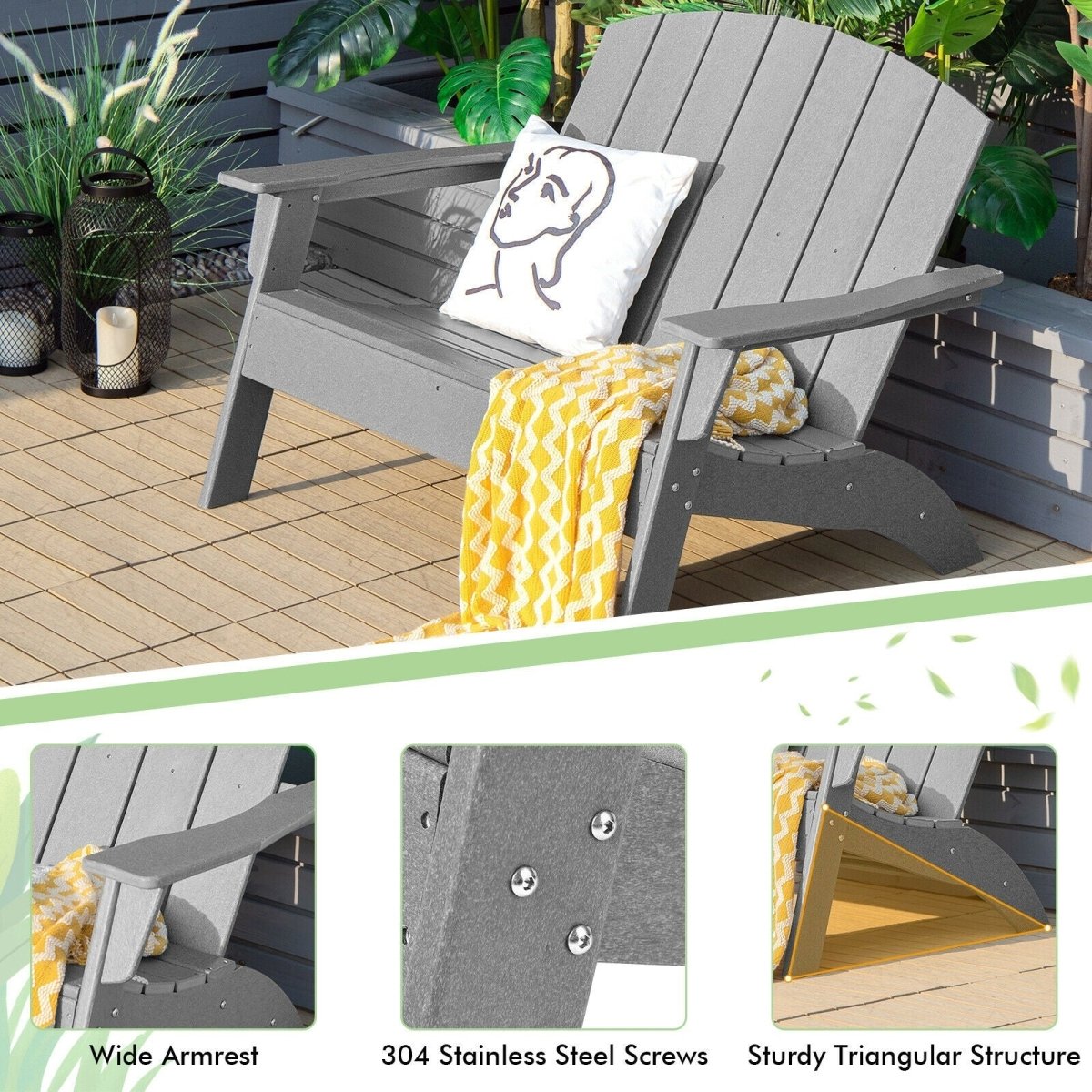 Double Adirondack Patio Chair – HDPE Outdoor Loveseat with Armrests (Gray) - Napa Valley Wildflower Co.