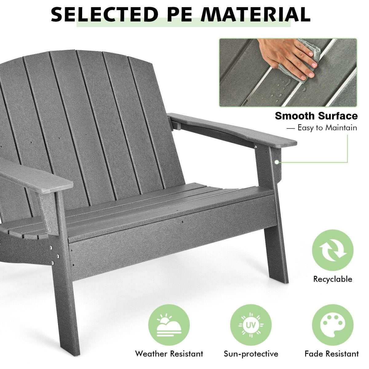 Double Adirondack Patio Chair – HDPE Outdoor Loveseat with Armrests (Gray) - Napa Valley Wildflower Co.