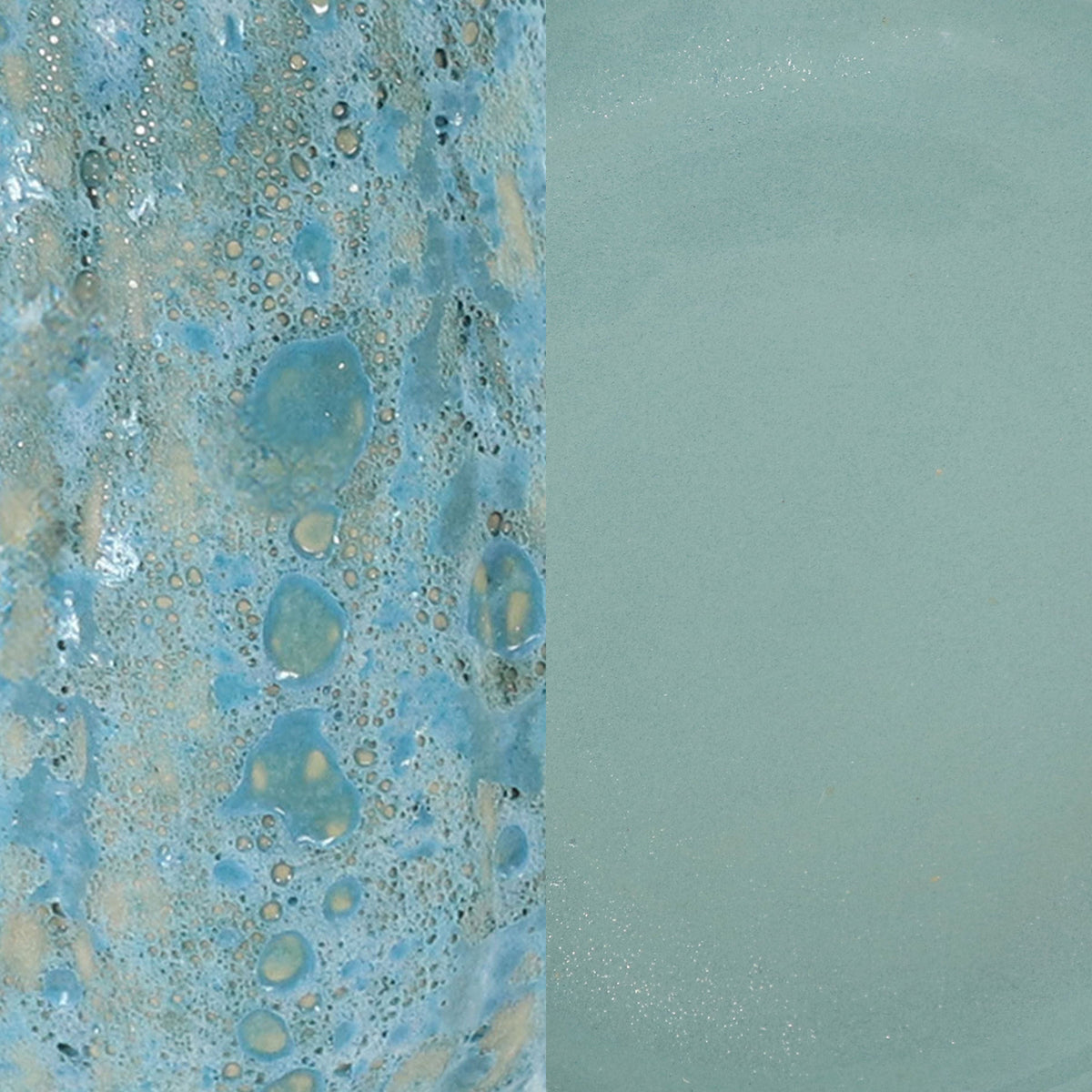 A split view of a textured ceramic tile or tile sample: the left side shows a detailed close-up of a blue, beige, and white bubbled glaze pattern, while the right side shows a smooth, solid pale sage green glaze finish.