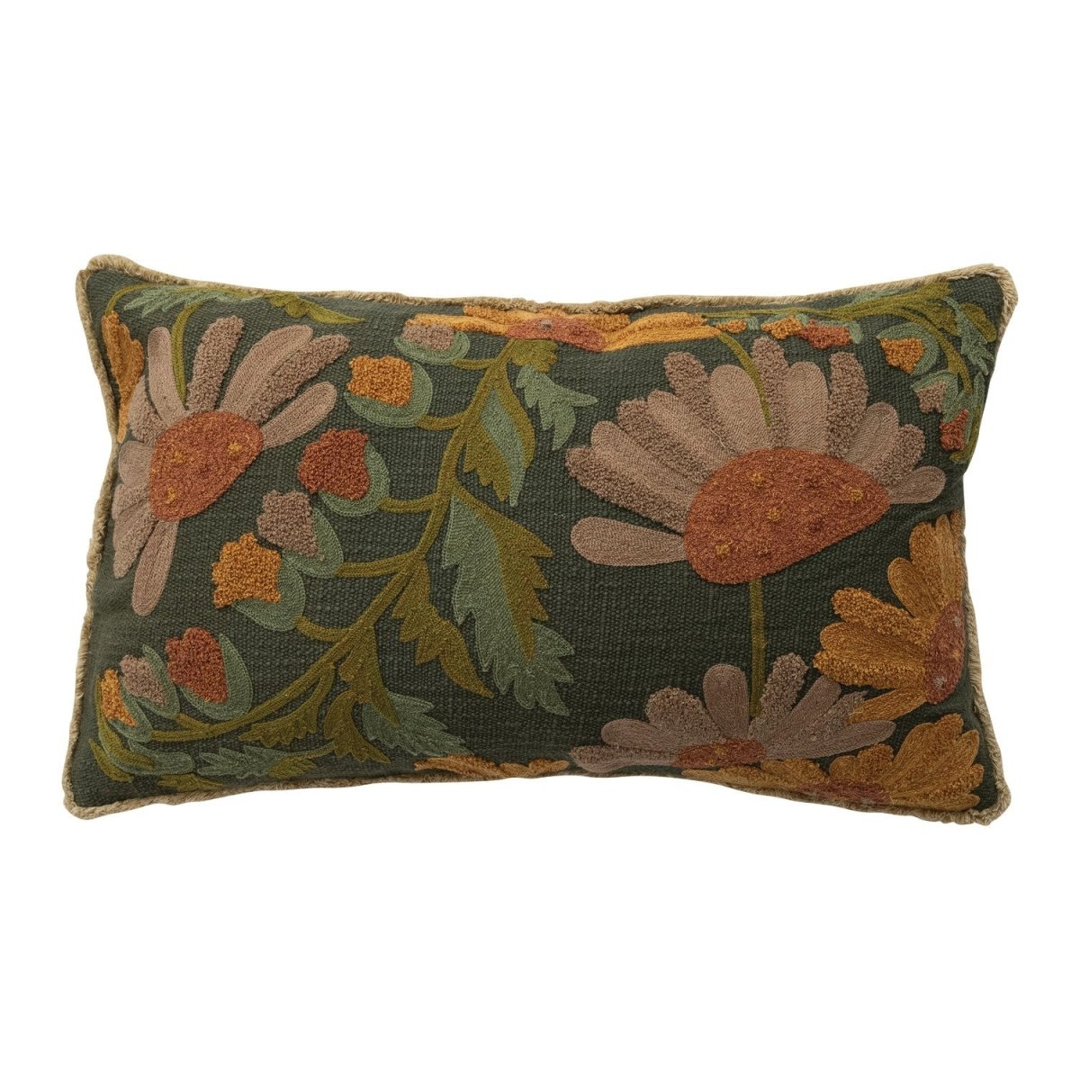 Embroidered Autumn Floral Cotton Slub Pillow with Fringe - Napa Valley Wildflower Co.