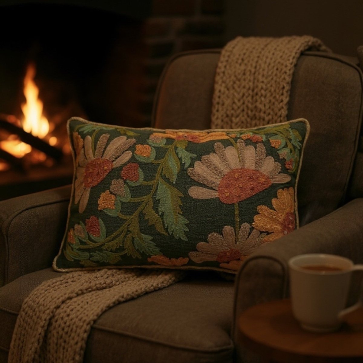 Embroidered Autumn Floral Cotton Slub Pillow with Fringe - Napa Valley Wildflower Co.