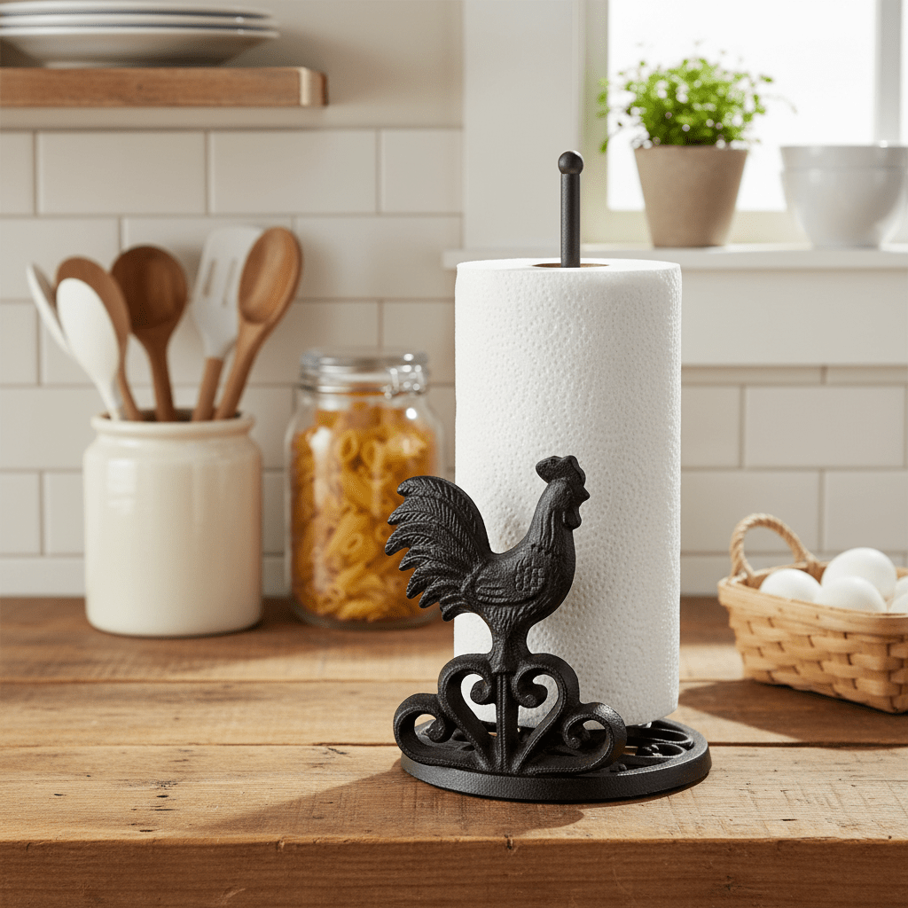 Farmhouse Cast Iron Rooster Paper Towel Holder | Rustic Kitchen Dispenser - Napa Valley Wildflower Co.