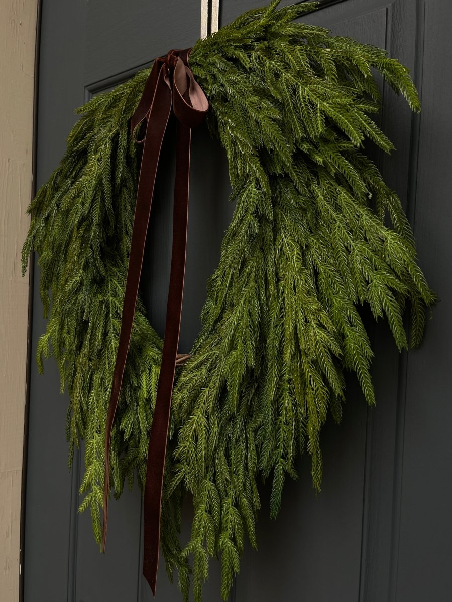 Faux Norfolk Pine Wreath with Dark Brown Velvet Bow - Napa Valley Wildflower Co.