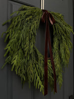 Faux Norfolk Pine Wreath with Dark Brown Velvet Bow - Napa Valley Wildflower Co.