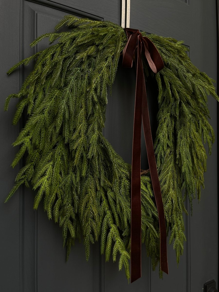 Faux Norfolk Pine Wreath with Dark Brown Velvet Bow - Napa Valley Wildflower Co.