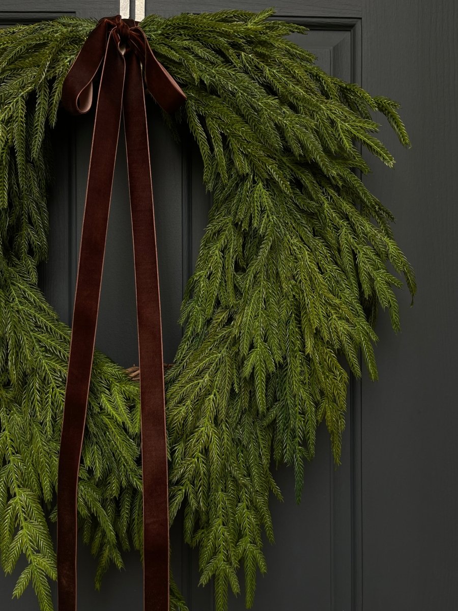 Faux Norfolk Pine Wreath with Dark Brown Velvet Bow - Napa Valley Wildflower Co.