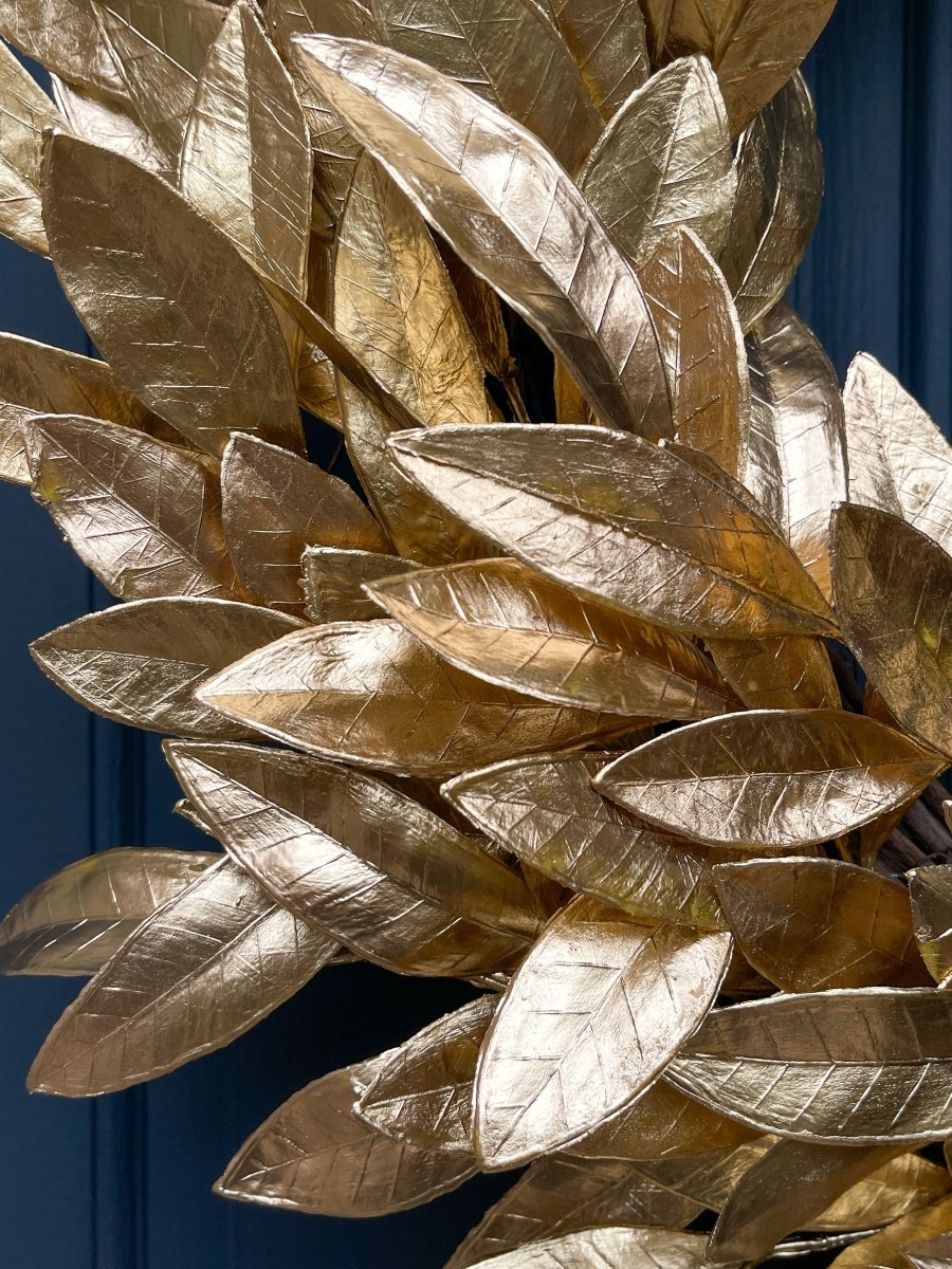 Gold Bay Leaf Christmas Wreath with Black Velvet Bow - Napa Valley Wildflower Co.