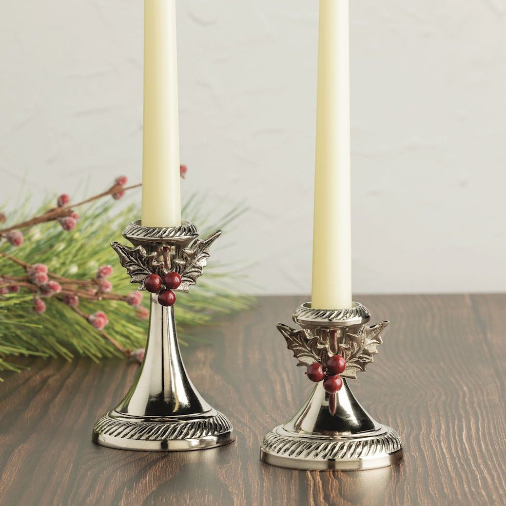 Holly Leaf & Berry Metal Candlesticks | 2 Sizes - Napa Valley Wildflower Co.
